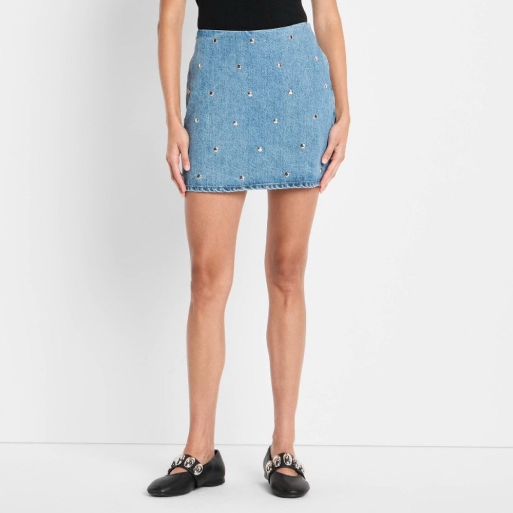 Future Collective 6 Denim Skirt Studded Mini A Line Indie Sleaze Punk NWT